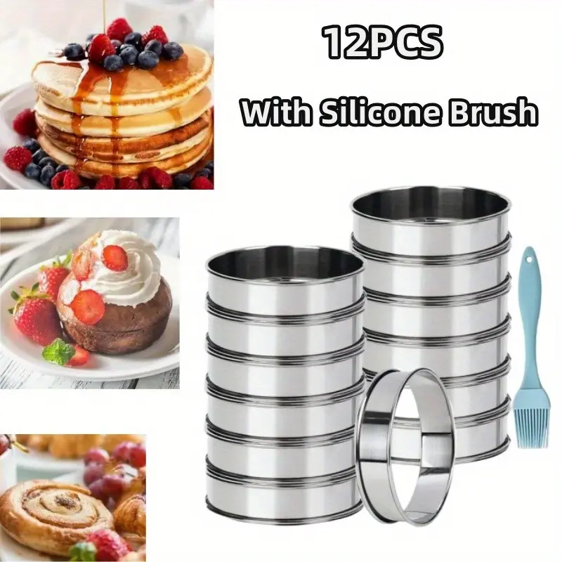 12PCS Stainless Steel Crumpet Ring Molds Double Rolled English Muffin Rings Tart Rings For Baking Round Cake Rings Metal Egg Molds for Pastry Dessert Food Making Tool