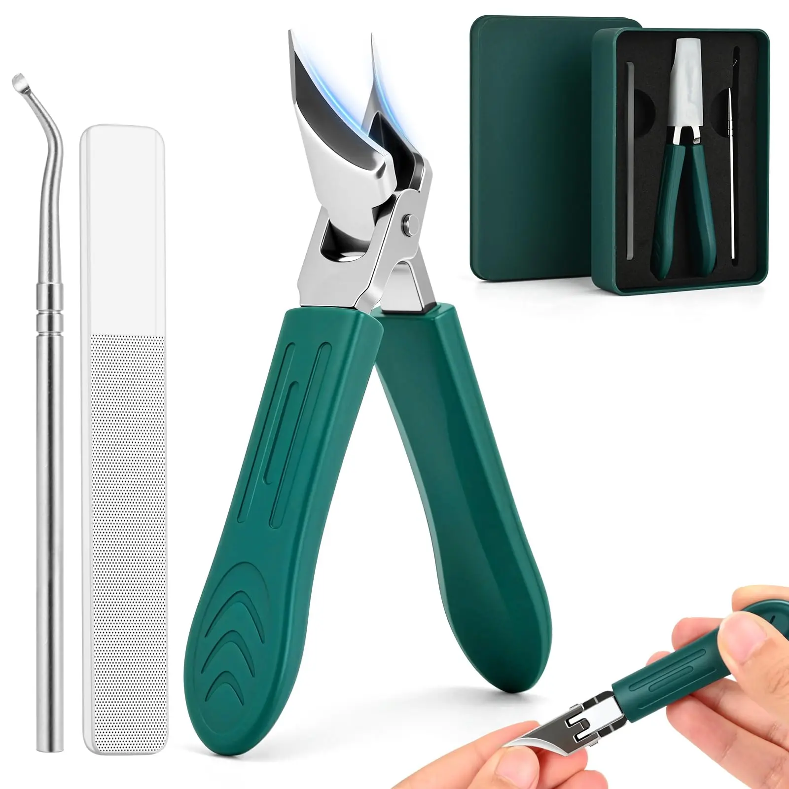 Eagle Beak Beveled Nail Clippers, 3Pcs Wide Jaw Opening Anti-Splash Slanted Nail Clipper, Long Handle Wide Jaw Opening Anti-Splash Slanted Edge Nail Clipper for Thick Nails,Seniors&Ingrown Care(Green)