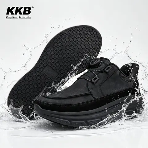 KKB Men's Leather Easy-Slip Loafers - Low-Cut Male Walking Shoes with Round Toe, Moisture-Resistant, Anti-Slip, Lightweight, Breathable, Arch Support, Memory Foam, Easy-to-Clean, Odor-Free for Work, Casual Use, All Seasons