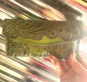 Lime Green Leather Tooled Wallet