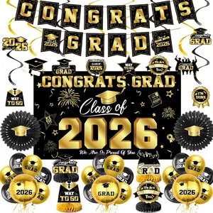 Graduation Decorations 2026-Black and Gold Graduation Decorations Supplies Class of 2026 with Graduation Banner, Backdrop, Balloons, Centerpieces, Swirl, Paper Fans for Grad