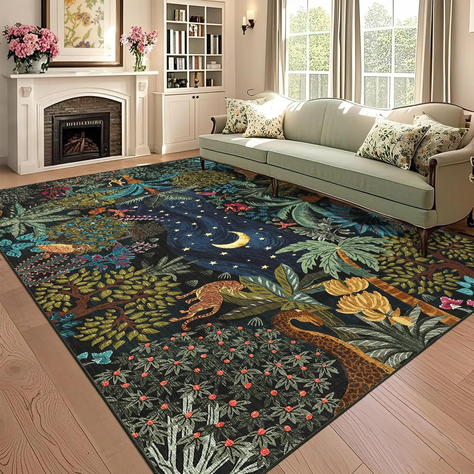 Large Rug 10x13 Washable Night Jungle Modern Rug Non Slip Low Pile Stain Resistant Carpet Ultra Soft Non Shedding Foldable Floor Cover for Bedroom, Living Room, Office, Blue
