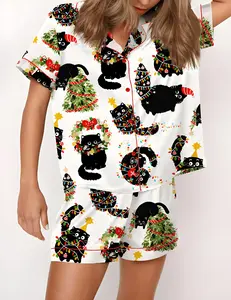 Christmas Black Cat Satin Pajama Set For Women Print Comfy Satin Sleepwear & Loungewear Pjs Short Sleeve Top & Bottoms Shorts Without Pockets