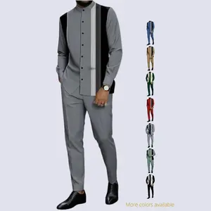 Men’s two-piece set — featuring a black-and-white vertical striped print design, including one button-collar top and one pair of casual long pants with an elastic drawstring waist. Made from polyester fiber fabric.