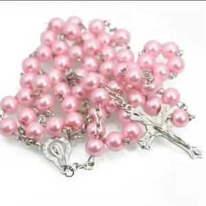 Rosarios Catholic Rosary with White and Pink Stones, Silver Cross Design, Includes Silver Cord