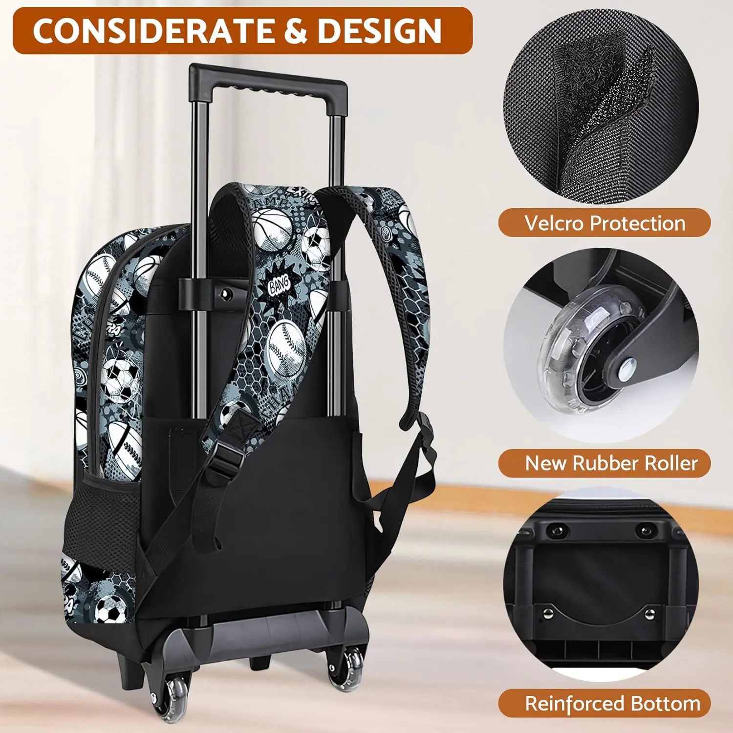 Baseball Rolling Backpack for Boys - 3PCS Boys Rolling Backpack with Lunch  Box Set for Kids Children