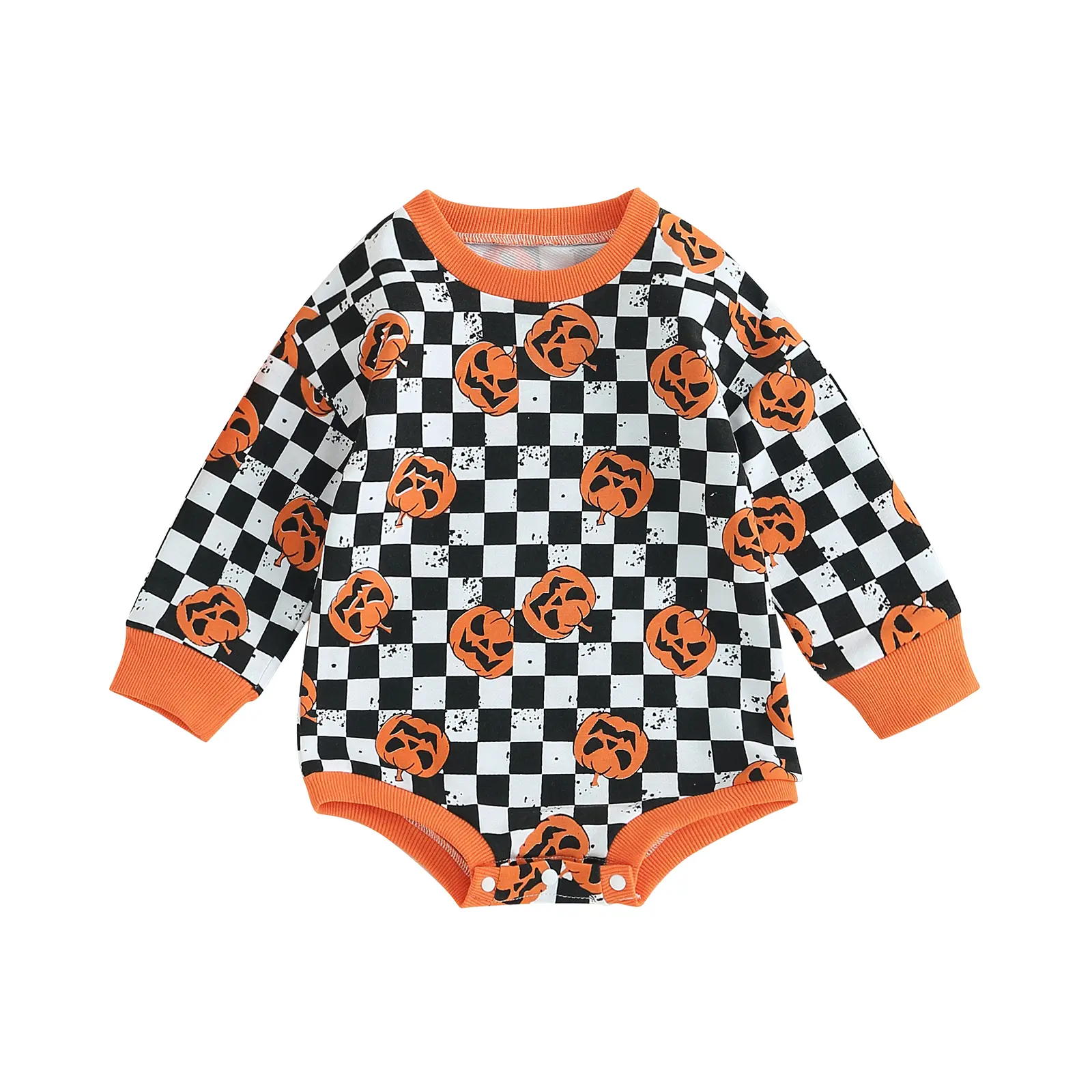 Baby Boys Halloween Romper Long Sleeve Pumpkin Checkerboard Print Bodysuit Newborn Clothes