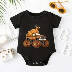 2026 Cute Newborn Baby Bodysuit with Thanksgiving Turkey Monster Truck Cartoon Print, 100% Cotton Short Sleeve Romper All Seasons, Funny Casual Onesie for Baby Boys Girls, Indoor Outdoor Infant Clothes 0-2T, Perfect Baby Gift