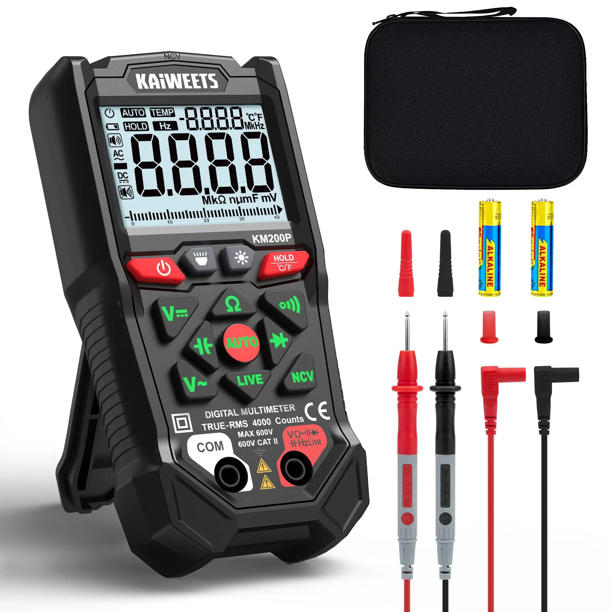 KAIWEETS KM200P Dual Mode Digital Multimeter, All Button Operation | TRMS Smart Auto Ranging, 4000 Counts, NCV, Voltmeter Ohmmeter, Fast & Accurate Measure AC/DC Voltage, Resistance, Continuity, Capacitance, Fahrenheit, Powerful light