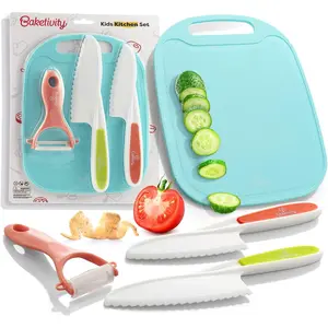 Safe plastic knives for kids for real cooking with cutting board peeler, blunt tip knife set, dishwasher safe, BPA free, kids’ knives for kitchen cutting