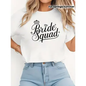 Women'S Bride Squad Letter Print T-Shirt - Short Sleeve Crew Neck Casual Top With Bridesmaid Suitable For Weddings, Bridal Showers & Casual Attire, Spring Summer Blouse Clothing