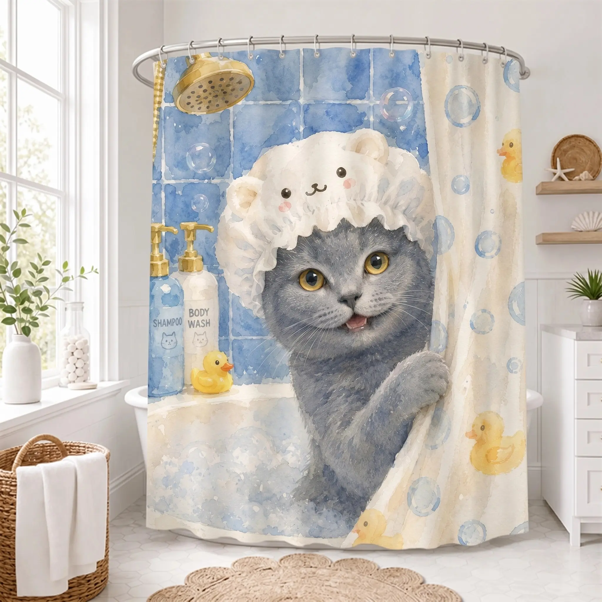 Watercolor Cute Cat Shower Curtain, Waterproof Bathroom Decor, Adorable Pet Bath Curtain, Custom Photo Shower Curtain, Funny Kitten Bathroom Accessories, Farmhouse Bathroom Decor, Personalized Gift for Cat Lovers homedecor