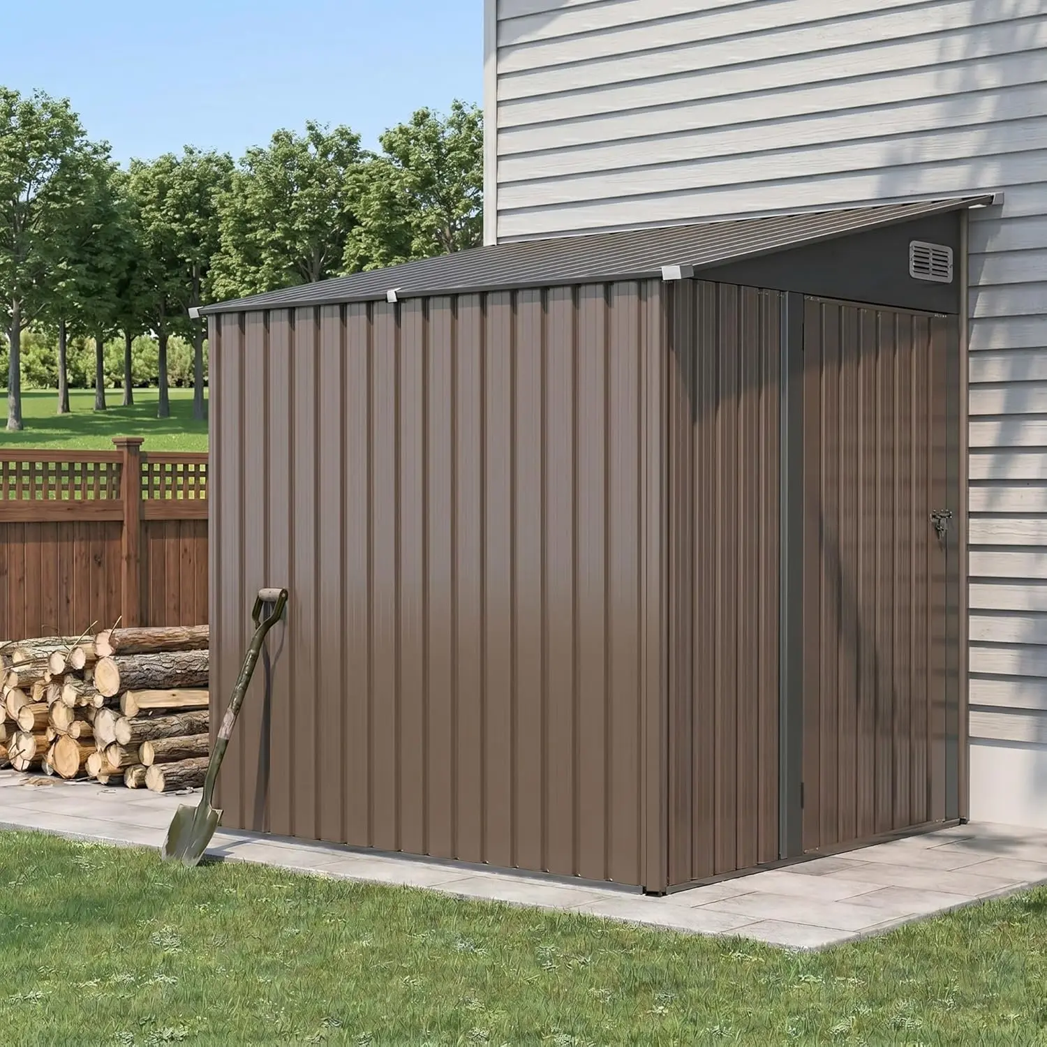 Aoxun（7x5.3 FT/4x6FT）Lean to Shed - Metal Storage Garden Shed with Sloped Roof, Lockable Doors & Single Door, Outdoor Bike Shed for Backyard, Patio, Poolside (Brown)