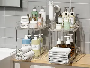 2-pack 2-tier clear storage organizers. Featuring dividers and pull-out design, ideal for under-sink, cabinet, pantry and vanity tidy storage.