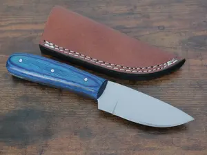 7.5" Overall Fixed Blade Knife 3” Blade Wood Handle Blue Outdoors Bushcraft Knife