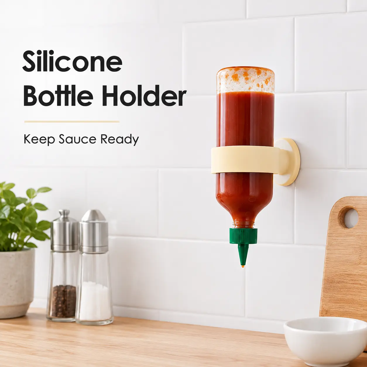 Sauce Bottle Holder - Silicone Upside Down Condiment Organizer for Ketchup, Mustard & Dressing Bottles, Space Saving Kitchen Storage Rack for Refrigerator Door, Countertop & Wall Mount