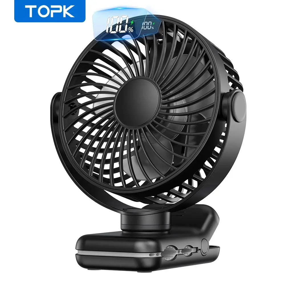 TOPK Portable Clip-on Fan, 5000mAh Rechargeable USB Desk Fan, 4 Speeds 360° Rotation Fan, Ultra-quiet Mini Electric Fan, Quiet Cooling Fan for Home Office Camping, USB Charging Fan