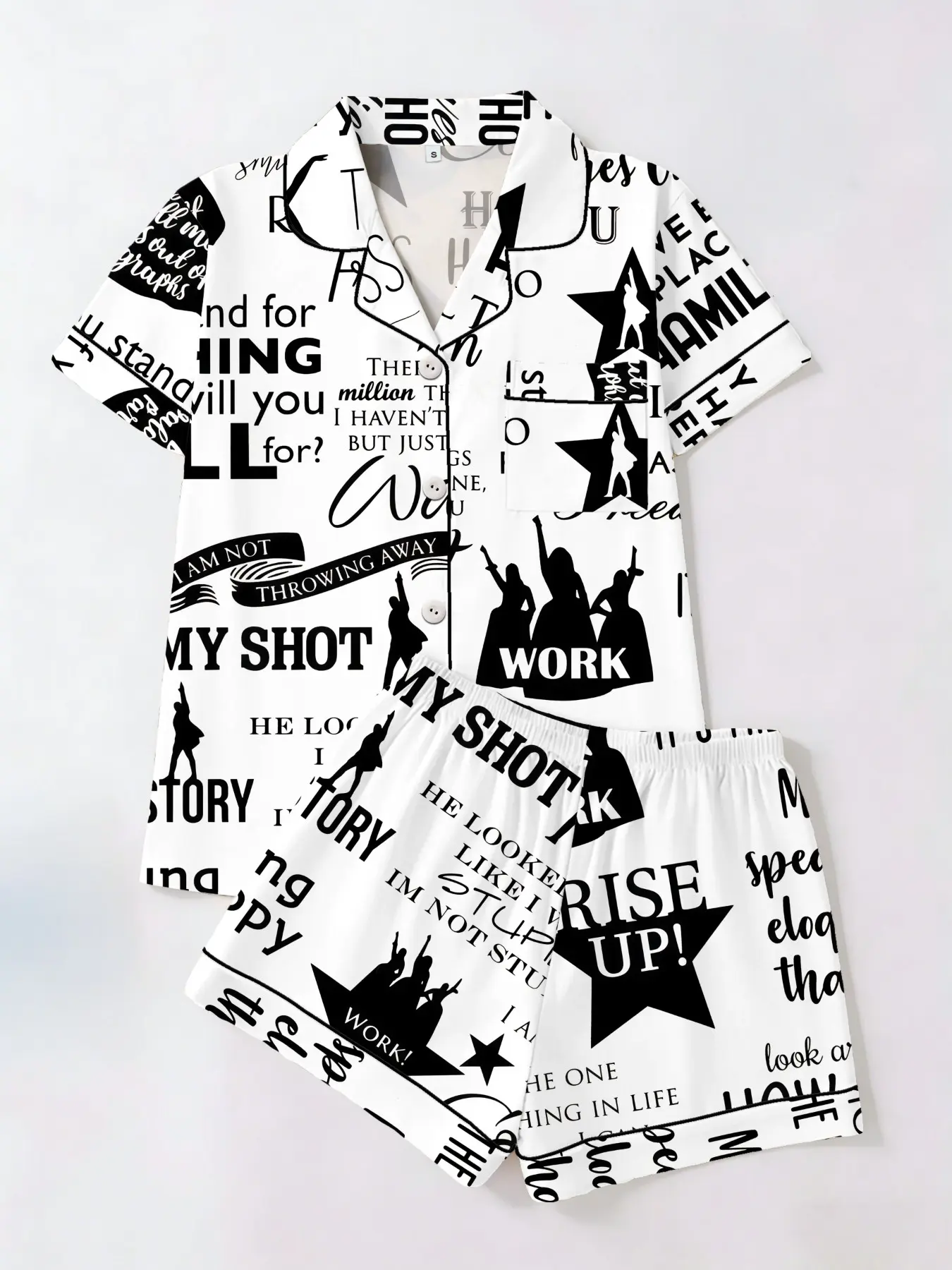 Tiktok Trendy Hamilton Musical Quote Silhouette Print Matching Short Sleeve Shorts Set, Casual Fitted Women's Nightwear Sleepwear Pajama Loungewear Home Wear Two-Piece Suit Homewear Pjs