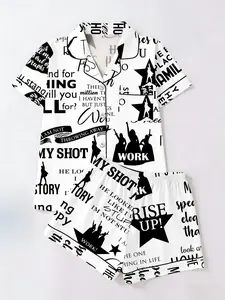 Tiktok Trendy Hamilton Musical Quote Silhouette Print Short Sleeve Shorts Set, Casual Fitted Women's Sleepwear Pajama Loungewear Home Wear Two-Piece Suit Homewear