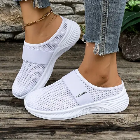 Women's All-White Polyester Mesh Slip-On Mule Slippers - Plain Toe, Less Than Ankle Braid Strap, 'FASHION' Logo, Textured Grippy Non-Slip Sole, Lightweight Easy Glide, Breathable All Seasons Quick On/Off Everyday Casual Walking Shoes