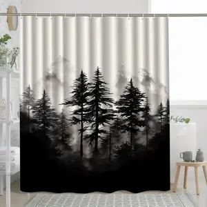 1pc Black Pine Tree Misty Forest Art Print Shower Curtain Machine Washable Polyester Bathroom Decor with Hooks Durable Bath Partition for Home & Spa Elegant Shower Curtain