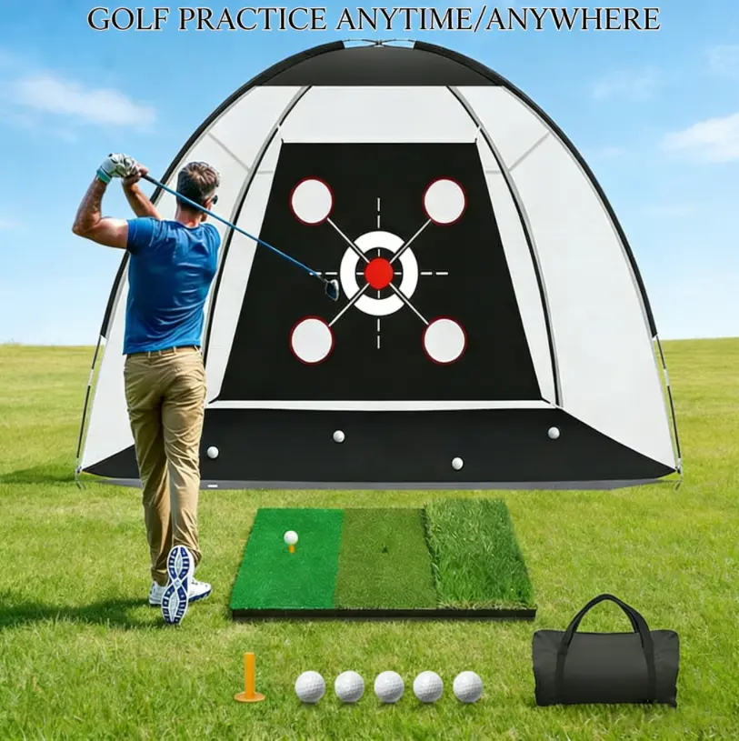Impact-Resist Golf Net - 10x7FT Portable Golf-Themed Sporty Training Equipment with Practice Mat, Targets, Balls, Tee for Backyard Driving, Indoor/Outdoor Gifts for Men (Balls + Tee Included), Golf-Themed Golf Training Equipment
