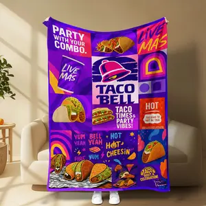Taco Bell party style throw blanket, featuring vibrant Mexican food print, soft and cozy fabric, perfect for bedroom, living room, office, travel or camping, a fun gift and collectible for taco lovers and fast food fans