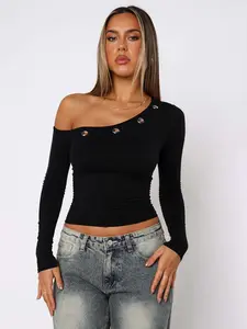 Women's Fall Casual Slim-Fit Short Sleeve Crop Top, Asymmetrical Neckline, Shoulder Cut-Out Design, Plain Color, Perfect for Daily Wear