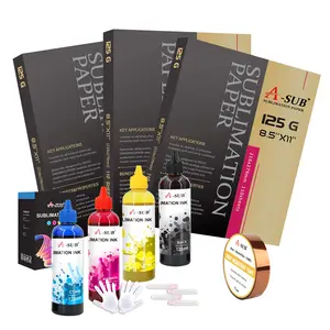 A-SUB All-in-One Sublimation Starter Kit: 4x120ML Epson Reflow Ink C/M/Y/K, 330 A4 High Transfer Paper, Tape for Customized Products
