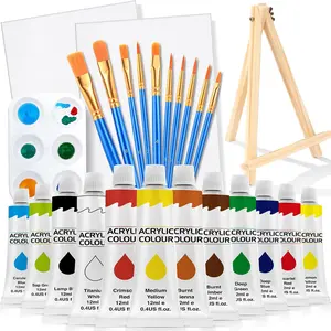 Juego de pintura acrílica de 26 piezas con 12 pinturas acrílicas de colores (12ml, 0.4 oz), 10 pinceles de pintura, 2 lienzos, 1 caballete de madera, 1 plato, kits de suministros de pintura