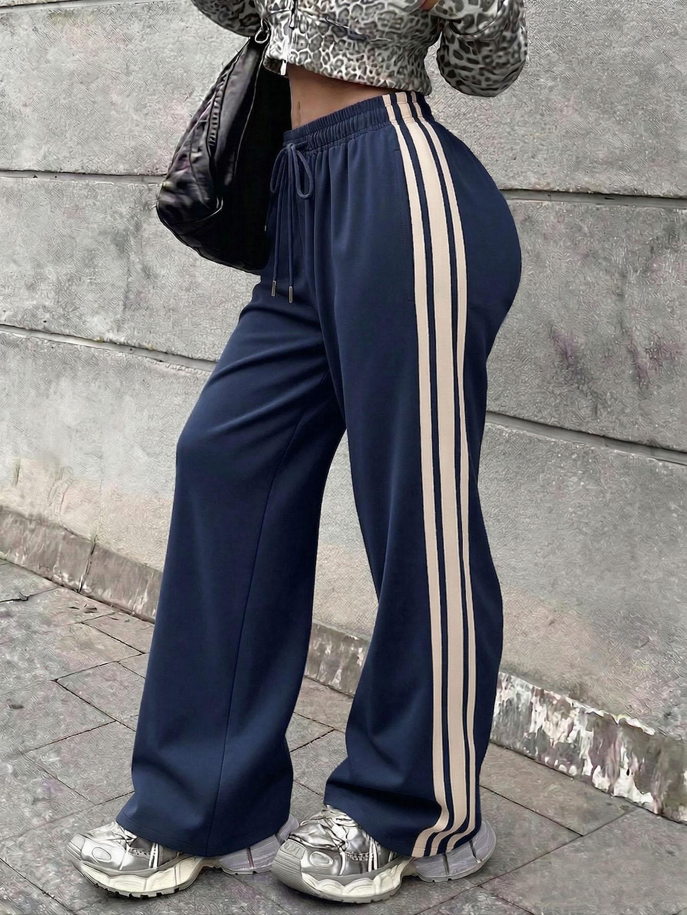 Women's Vintage Navy Blue Striped Woven Fabric Bottoms - Comfy Mid-Waist Elastic-Waist Straight Leg Pants for Spring/Autumn, Casual Retro Sports Pants with Fast Shipping