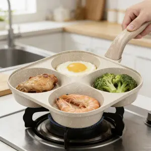 4-hole non-stick omelette pan, pancake and burger griddle, mini frying pan, heat-resistant wooden handle, compatible with gas stoves and induction cooktops, easy to clean non-stick coating,fast heating, multi-functional kitchen tool, essential kitchenware