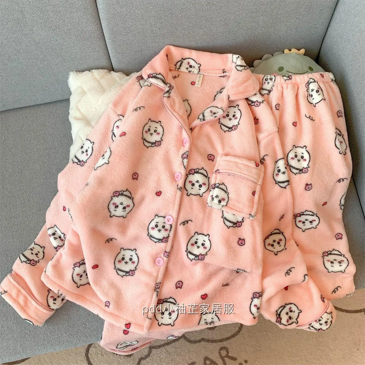 Women's Kawaii 2XL Long Sleeve Thick Plush Pajama Set - Chiikawa Usagi Cartoon Loungewear, Cozy Home Sleepwear