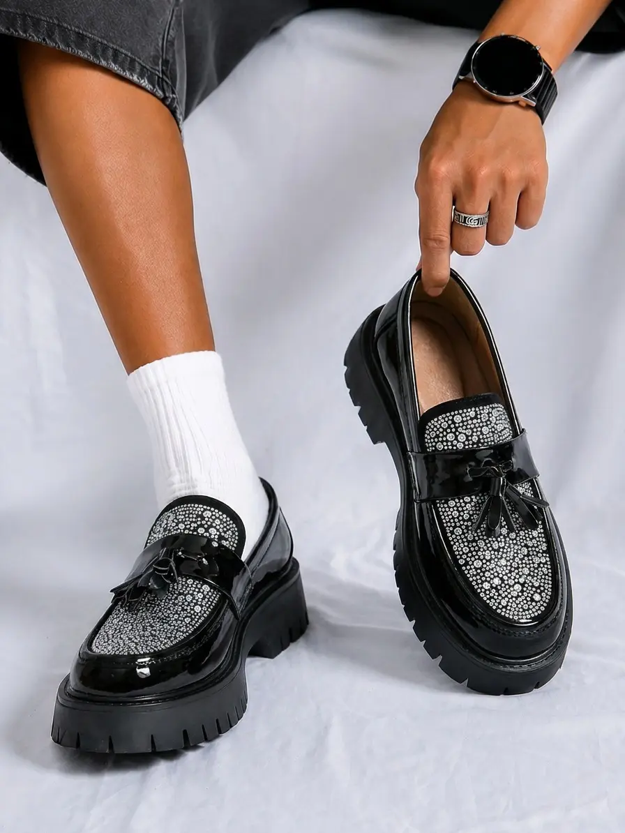 Men Comfortable Penny Loafers, Rhinestone Inlaid Tassel Glossy Patent‑Leather Slip‑On Shoes, Fashion Business Casual Chunky Platform Loafers With Non‑Slip Rubber Sole, Daily Party Dress Footwear