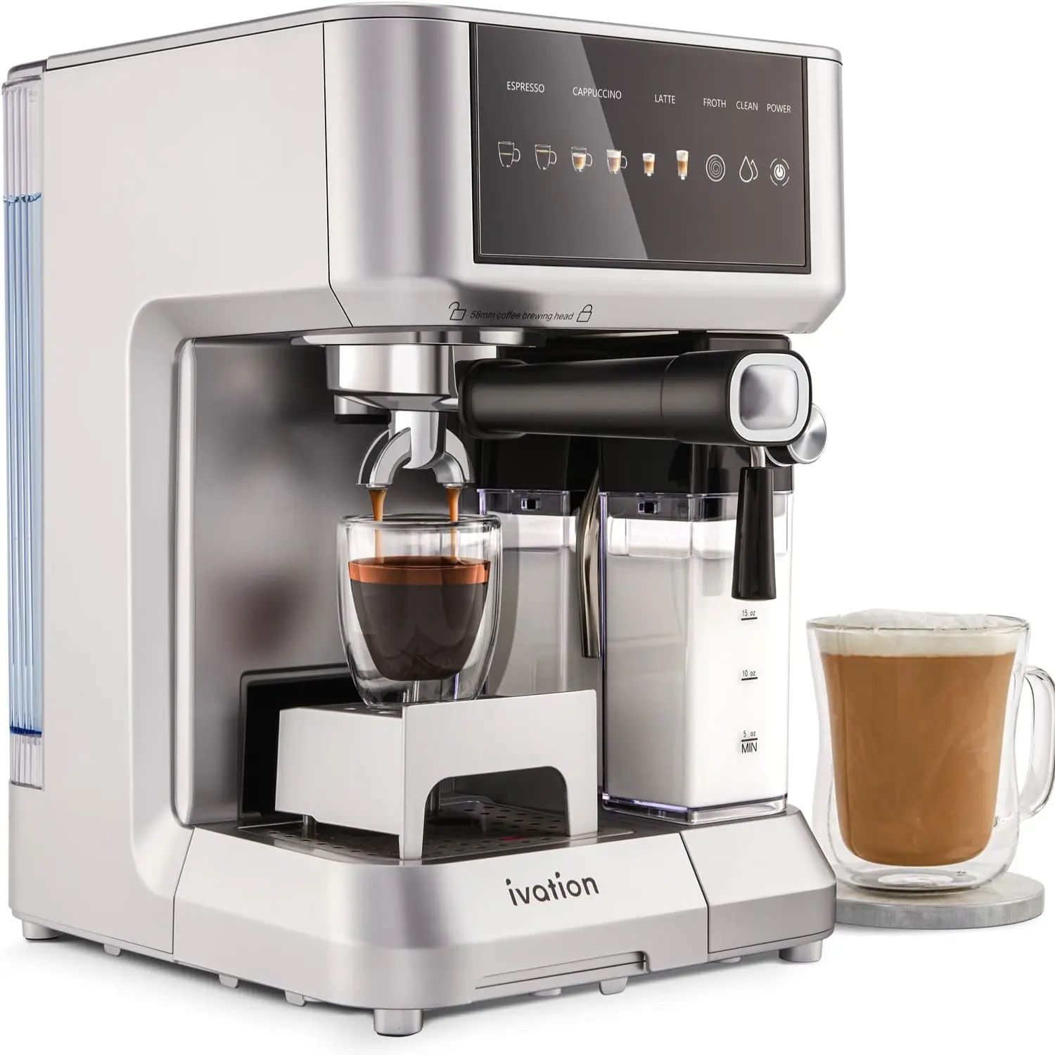 Ivation Espresso Cappuccino Latte Machine with Milk Frother, 58mm Portafilter, Auto Clean, Grey
