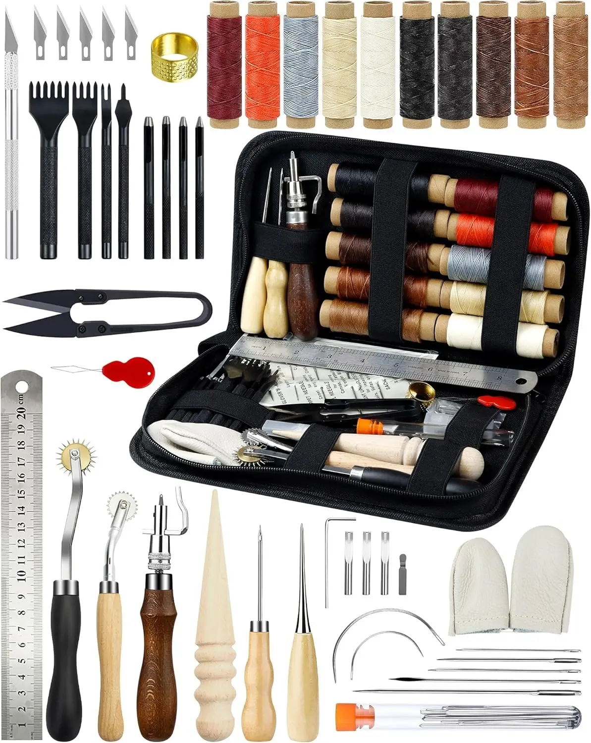 Professional Leather Working Tools for Beginners, Complete Leather Craft Kit with Waxed Thread Groover Awl Stitching Punch, Ideal Gifts for Adults for Leathercraft Hobby