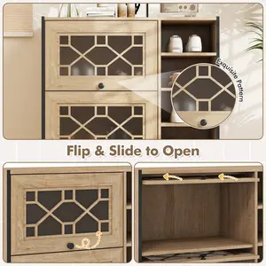 COSTWAY - Rustic Shoe Cabinet with Flip-up See-through Doors and Adjustable Shelves-Oak