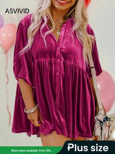 【plus size】 solid button front batwing sleeve velvet shirt, casual half sleeve collared shirt top for fall & winter, going out tops, women's clothes for daily wear valentine's day, gift