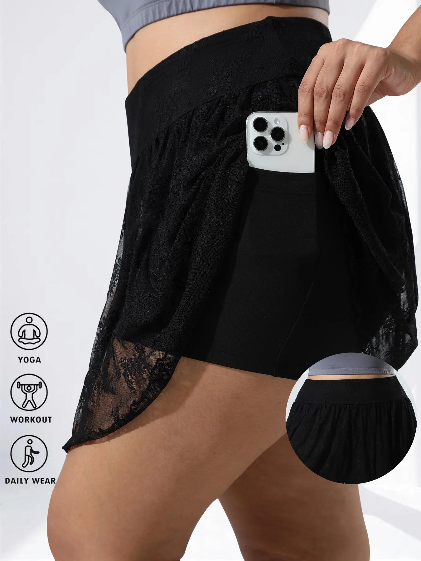 [Plus Size] Solid Lace Trim Pocket Skorts, Elastic Waist Skorts, Casual Comfy Skorts, Pocket Design Skort, Casual Shorts for Daily Wear, Women's Bottoms for All Seasons, Sporty Breathable Skorts, Pockets Stretchy Skorts