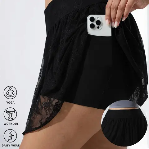 [Plus Size] Solid Lace Trim Pocket Skorts, Elastic Waist Skorts, Casual Comfy Skorts, Pocket Design Skort, Casual Shorts for Daily Wear, Women's Bottoms for All Seasons, Sporty Breathable Skorts, Pockets Stretchy Skorts
