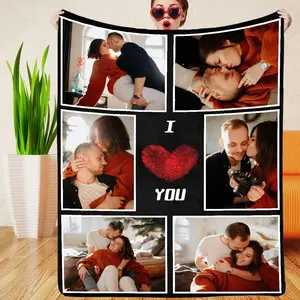 Custom Flannel Blanket with Photos Text, Soft Warm Custom Blanket, Personalized Couples Gift for Boyfriend Girlfriend, Customized Picture Blanket Gifts for Christmas Valentine’s Day