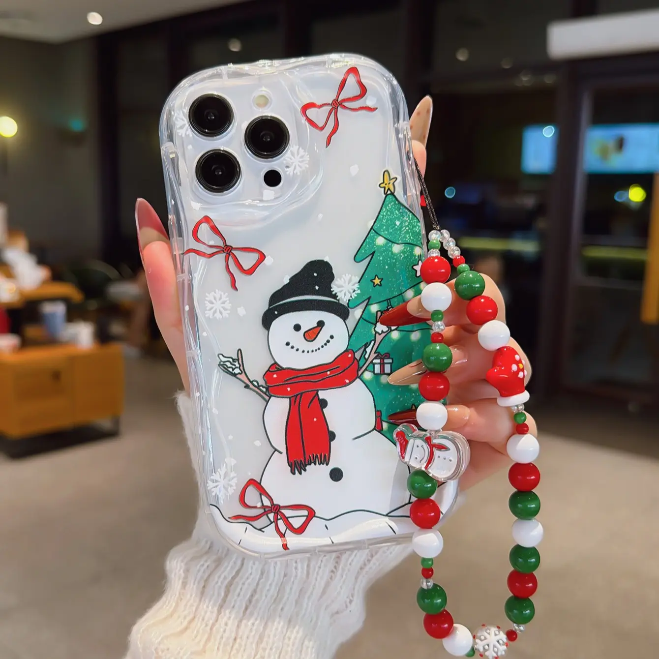 Christmas Tree Snowman Tpu Wave Edge Shockproof Phone Case, Fashion Hanging Strap, Compatible with iPhone 12 Mini 16 11 12 13 14 15 Pro Max
