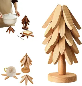 Natural Tree Trivet Set - Natural Foldable Kitchen Trivets, Handmade Wooden Hot Pad Holder for Plates, Pots, Pans, Cup, Kitchen Dining Table Protection