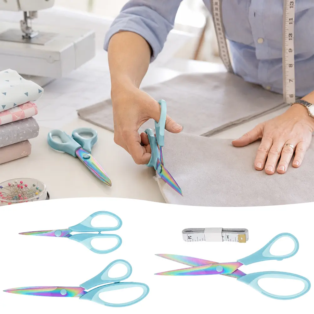 3-Piece Titanium-Coated Sewing Scissors Set with 1 Soft Ruler, Ergonomic Handle, Cuts Fabrics & Paper, Ideal for Diy Tailor, Home Craft Enthusiasts