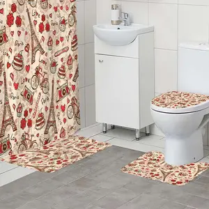 1/4pc Eiffel Tower pattern bathroom set, The 4-piece set includes a single shower curtain, anti slip floor mat, toilet U-shaped mat, toilet lid mat, with shower curtain hook, and belongs to bathroom decoration products