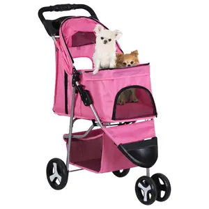 Pet Republic 3 Wheels Foldable Pet Stroller for Small Dog Max 33lbs W/Storage Basket, Pink