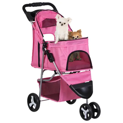 Pet Republic Durable 3-Wheel Foldable Portable Puppy Stroller for Small Dogs (Max 33lbs) - Oxford Fabric, Rotating Front Wheels, Safety Belts, Cup Holders, Under-Basket Carrier, Pink, Plastic Parts, Metal Frame, Solid Build, 2 Convenience Features, Two, P
