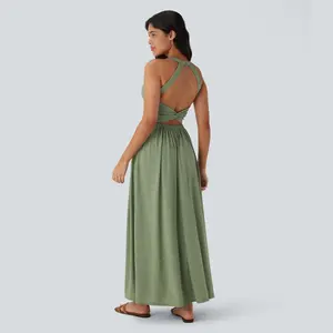Halara Backless Twisted Side Pocket Split Flowy Maxi Resort Dress