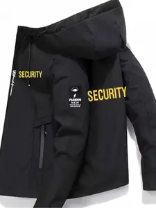 Men's Trendy Fitted Security Print Hooded Long Sleeve Jacket, Coats, High-End Casual Youth Outerwear, Spring & Fall Fashion, Versatile Outdoor Clothing