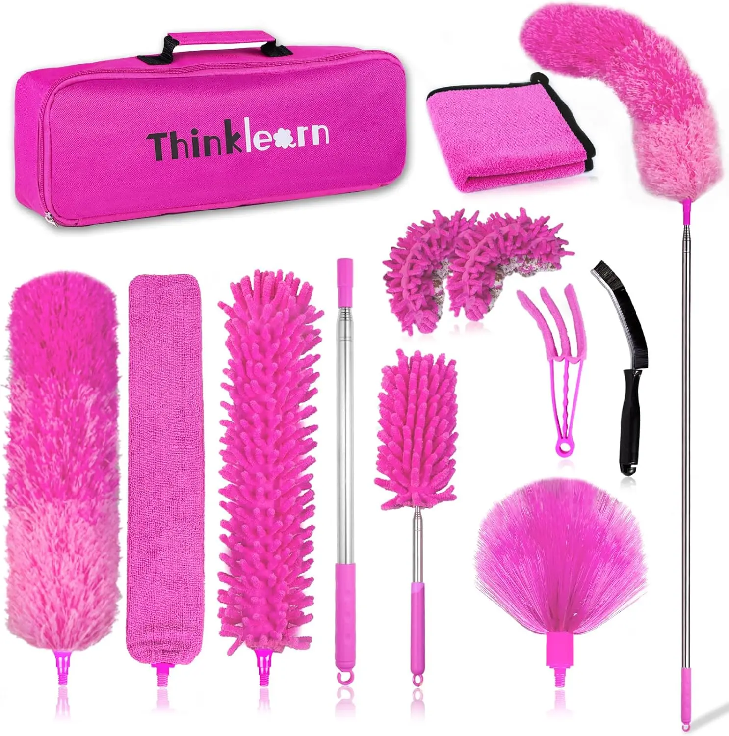 ThinkLearn Microfiber Duster Set 14PCS – Extendable Feather Dusters with Bendable Heads & Washable Design for Ceiling, Fans & Blinds (Pink)